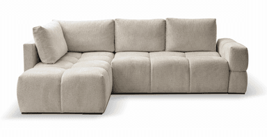 A contemporary L-shaped sectional sofa featuring a left-facing chaise lounge. The sofa is upholstered in a light beige, textured fabric and comprises several modular components. It exhibits a blocky, deep-seated design with loose back cushions, conveying a modern and comfortable aesthetic. — 3D model