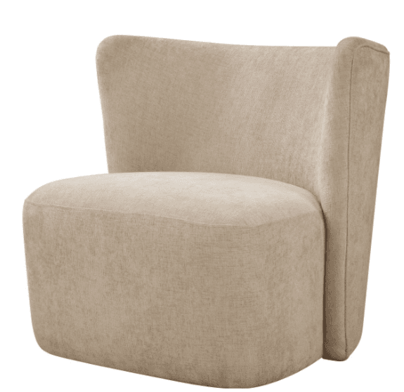 A single-seat armchair with a high, curved back that extends to the sides, creating subtle armrests. The seat and base are rounded and upholstered in a textured fabric. — 3D model