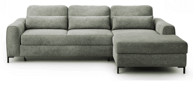 A modern, modular sofa with a textured fabric upholstery. It features clean lines, rectangular armrests, and multiple back cushions with adjustable headrests. The sofa is supported by slender, dark-colored legs. — 3D model