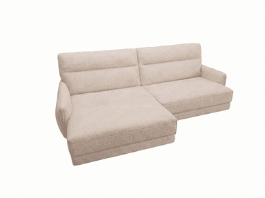 A modern sectional sofa with a low profile and clean lines. It features a chaise lounge extension on one side and plush cushions with horizontal stitching. The upholstery appears to be a textured fabric. — 3D model