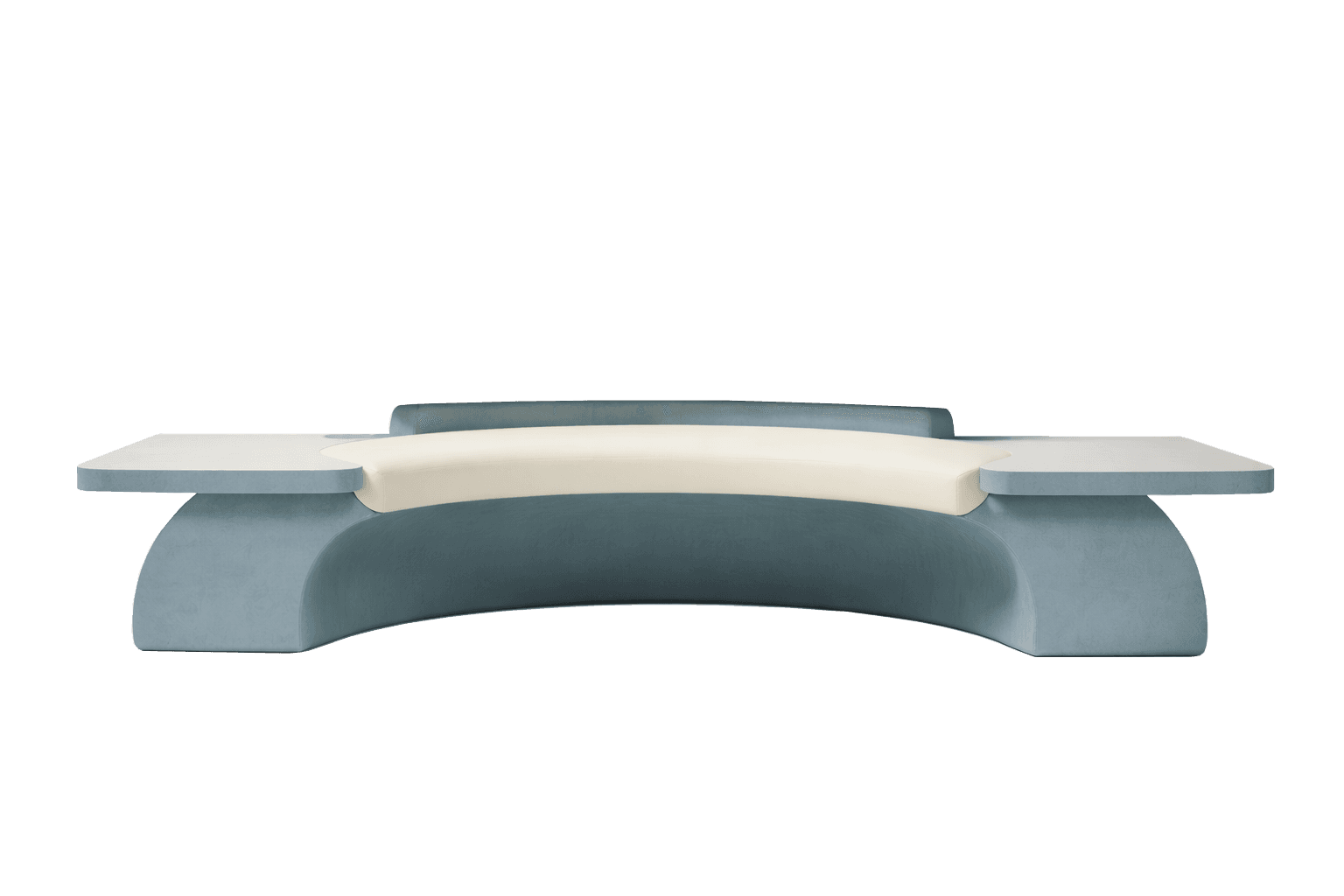 A modern, sculptural bench with a curved, open base and a distinct seating area. The base is a solid, rounded form in a light blue hue, while the seating surface is a lighter, possibly cream or off-white, material that follows the curvature of the base. — 3D model