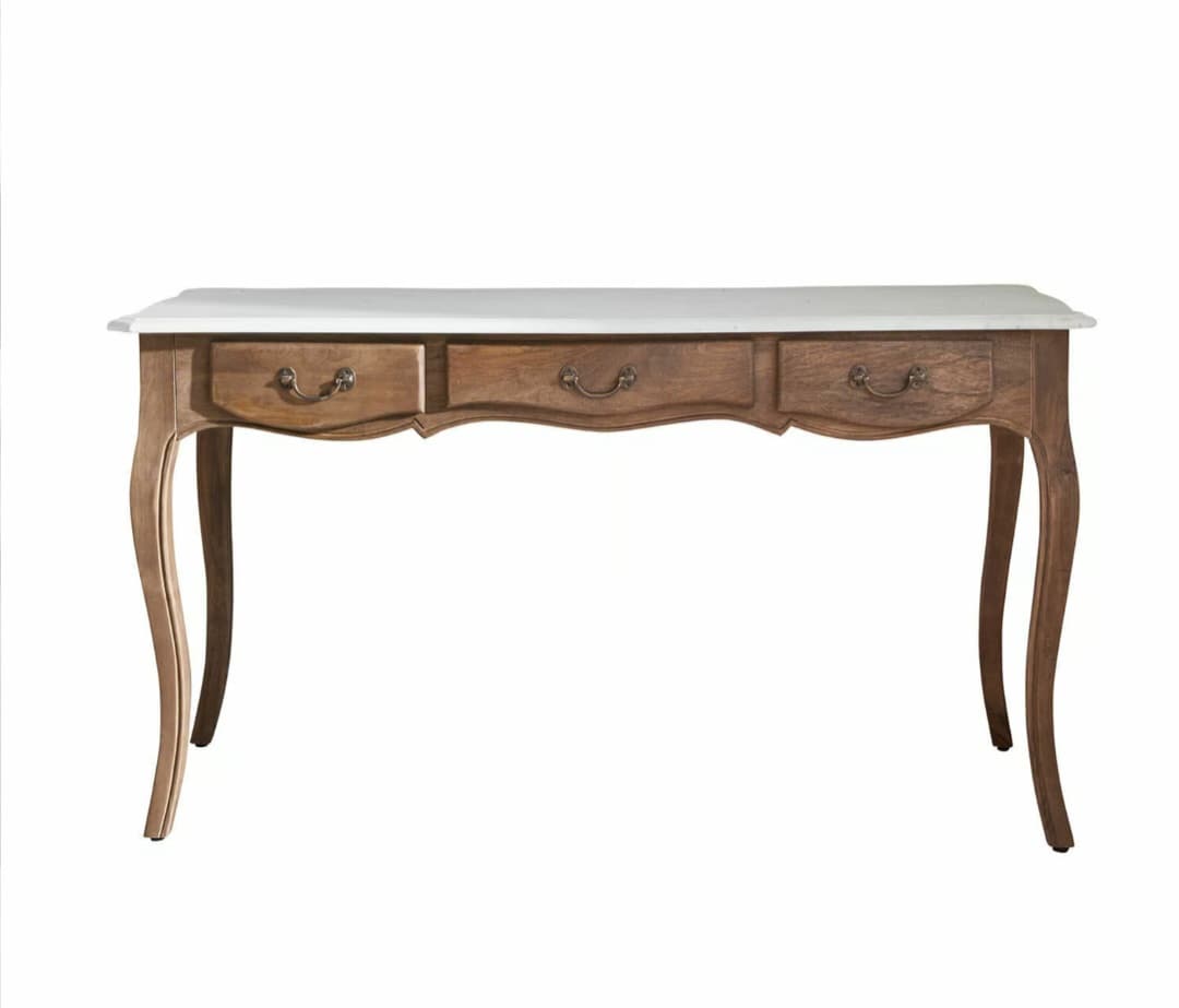 A wooden console table with a marble top and three drawers. The table features cabriole legs and decorative drawer pulls. The apron of the table has a scalloped design. — 3D model