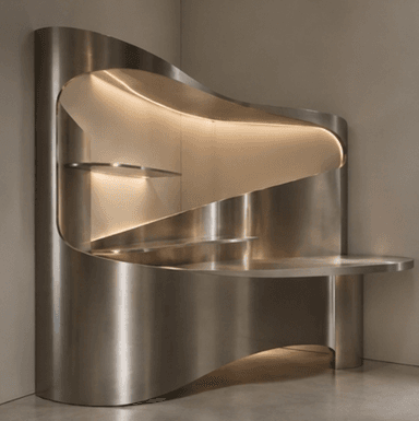 An architectural, custom-built shelving and display unit crafted from brushed stainless steel, featuring a dynamic, curvilinear form that wraps around a corner. The unit incorporates multiple display surfaces and cantilevered shelves. Integrated LED strip lighting illuminates the various recesses and shelves, highlighting the metallic surfaces and any displayed objects. The design presents a modern, sculptural aesthetic. — 3D model