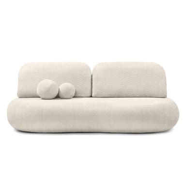A modern, low-profile sofa with a rounded, organic form. The sofa is upholstered in a textured, boucle-like fabric. It features a continuous seat cushion that curves upwards at the sides, and two separate back cushions. Two spherical decorative pillows are placed on the left side of the sofa. — 3D model