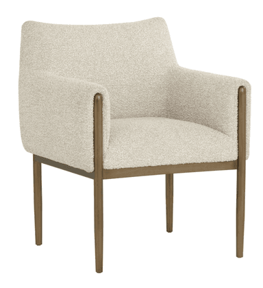 An upholstered armchair featuring a light-colored, textured fabric and a slender, gold-toned metal frame with straight legs. — 3D model