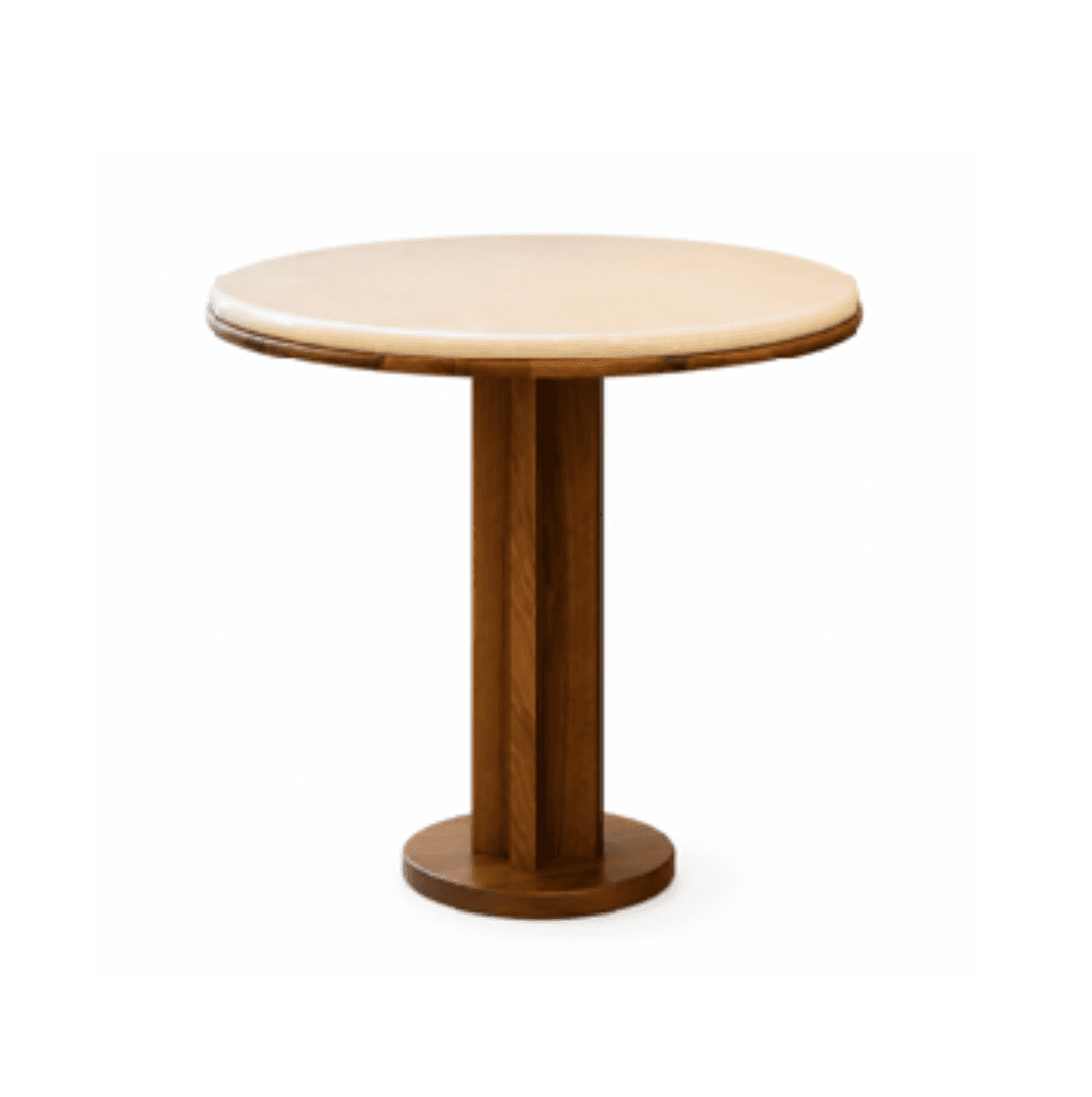 A modern round accent table featuring a light-colored, possibly stone or composite, tabletop and a wooden pedestal base. The base is composed of three vertical, rounded pillars resting on a circular plinth. — 3D model