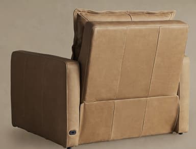 A contemporary recliner armchair upholstered in a tan or camel-colored leather, featuring thick cushioning, square-profile arms, and visible topstitching. — 3D model