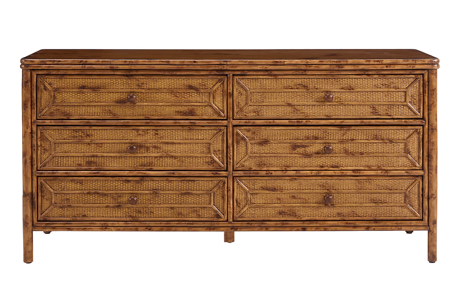 A dresser with a rectangular form, featuring six drawers arranged in two columns and three rows. The drawer fronts have a woven texture, possibly rattan or cane, with a faux bamboo frame around each drawer panel. The top surface and frame appear to be wood. The piece is supported by four legs. — 3D model