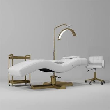 A modern white upholstered salon treatment chair featuring a contoured, reclining form and a gold-finished pedestal swivel base. It is accompanied by an integrated gold-finished floor lamp with an LED ring light, designed for professional beauty and aesthetic services. — 3D model