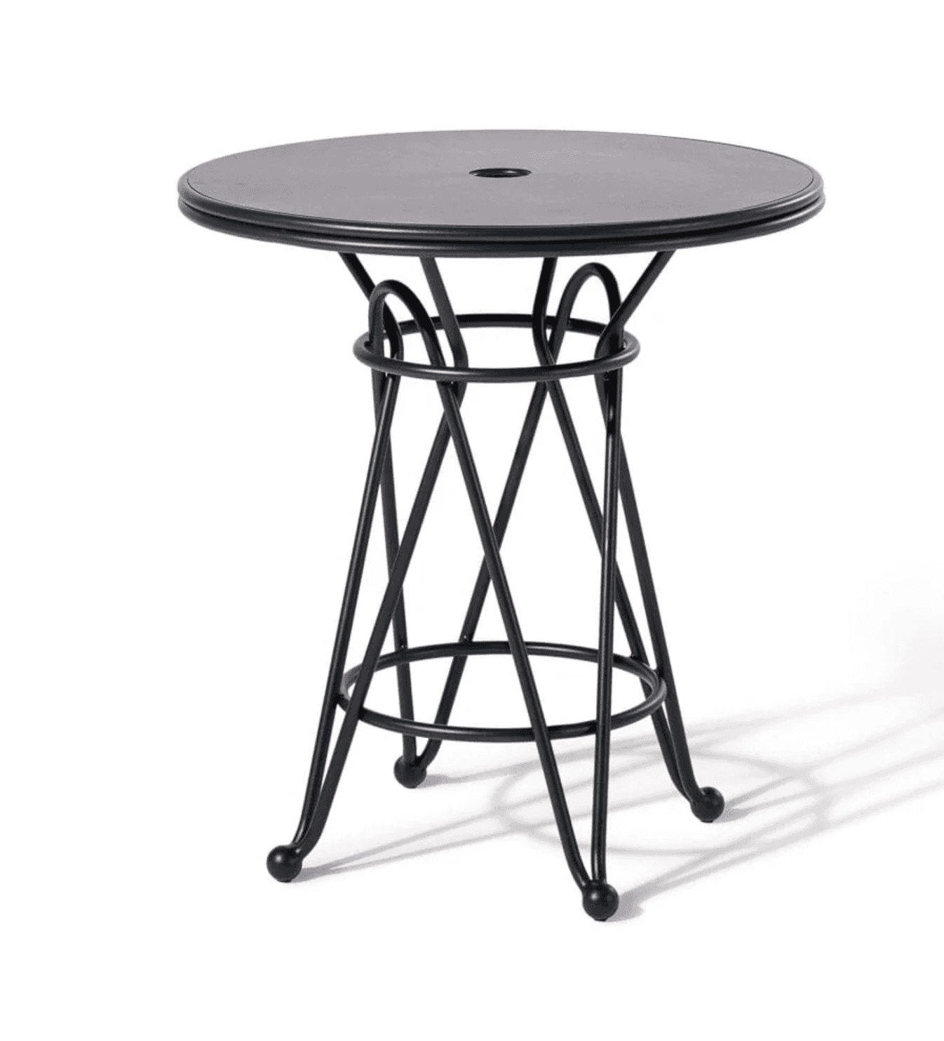 A round black metal outdoor bistro table featuring a central umbrella hole and an ornate, decorative base with scrollwork details and ball-capped feet. — 3D model