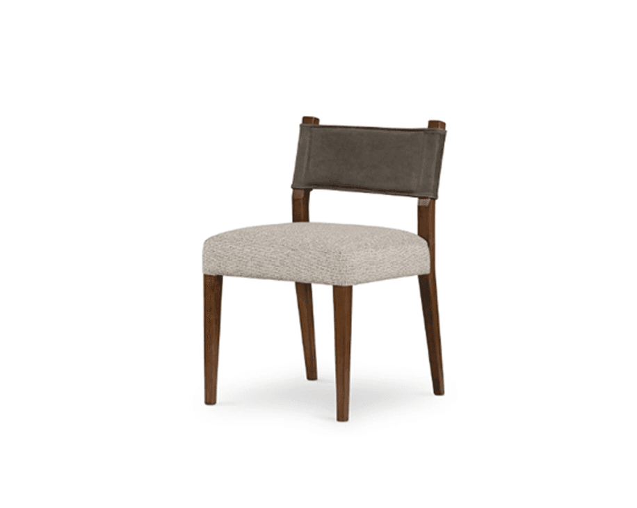 An armless dining chair featuring a dark brown wooden frame with tapered legs. The seat is upholstered in a light beige or grey textured fabric. The backrest is a distinct rectangular panel of dark grey or brown leather-like material, suspended between the upper posts of the wooden frame, creating a contemporary and minimalist aesthetic. — 3D model