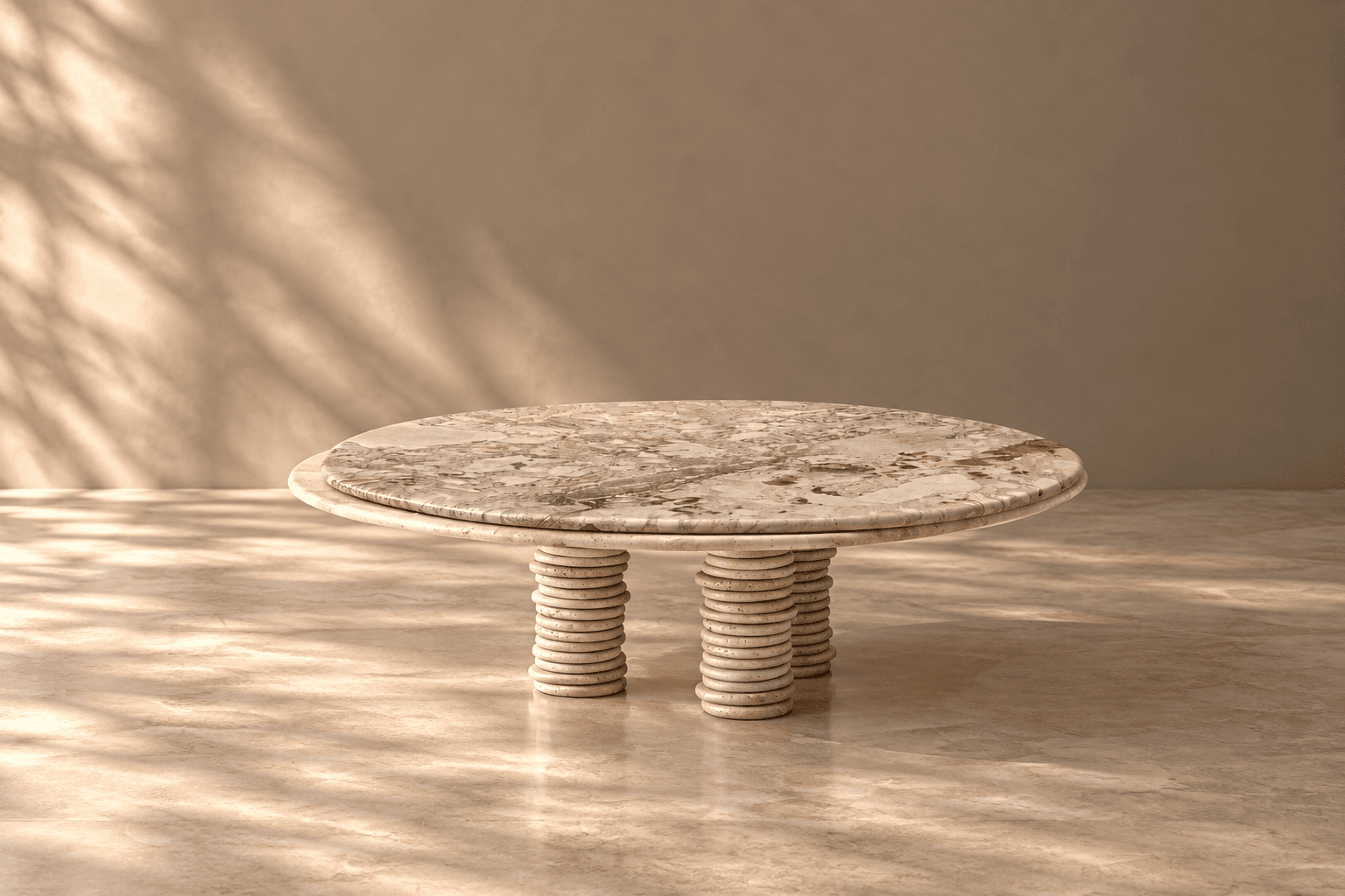 A compact, two-tiered accent table featuring circular tops and stout, stacked-ring legs, all crafted from a light-colored, veined marble. — 3D model