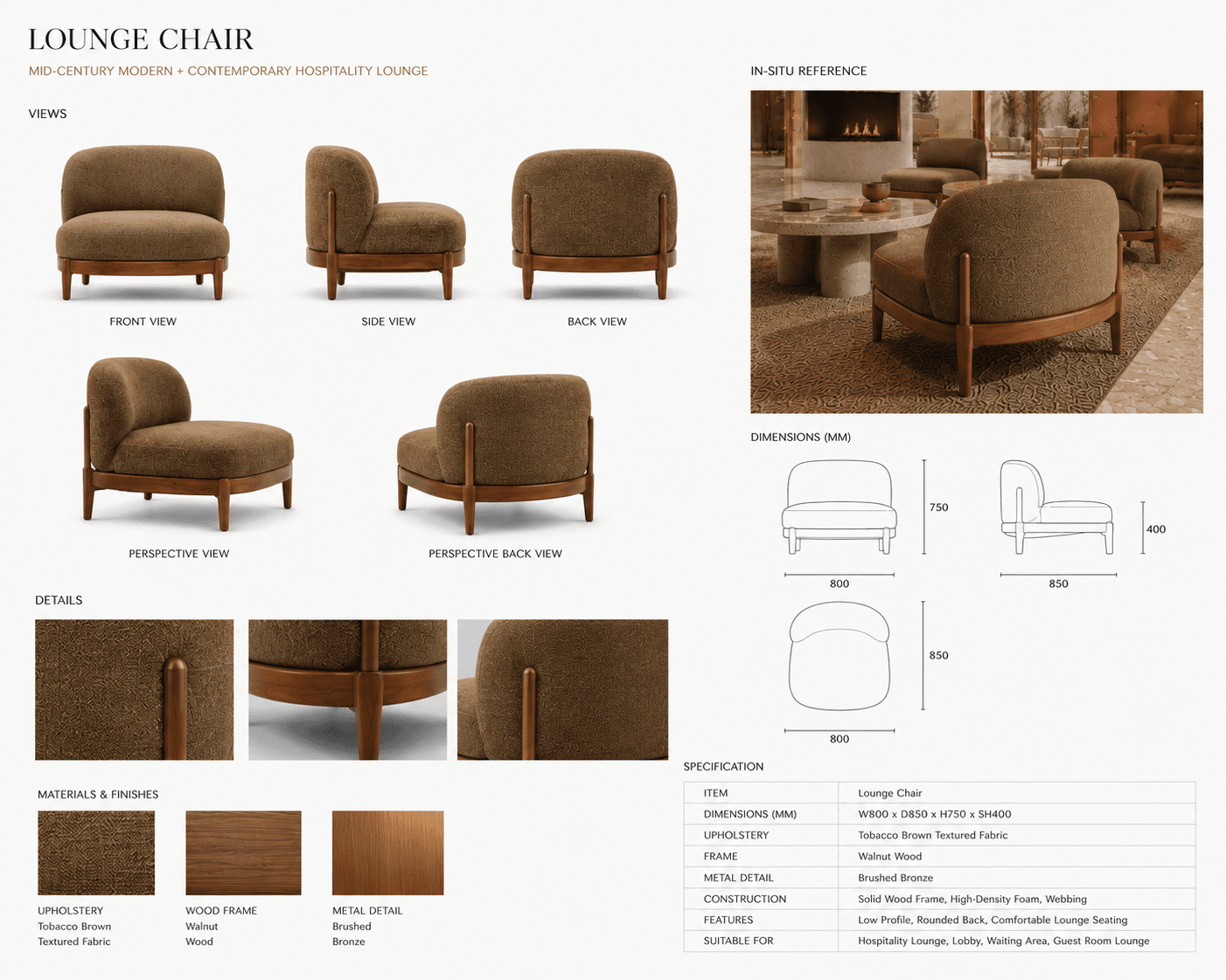 A single-seater armchair with a curved backrest and a low profile. The armchair features a wooden frame, visible as legs and a surrounding base, supporting upholstered seating and backrest. The upholstery has a textured, boucle-like finish. — 3D model