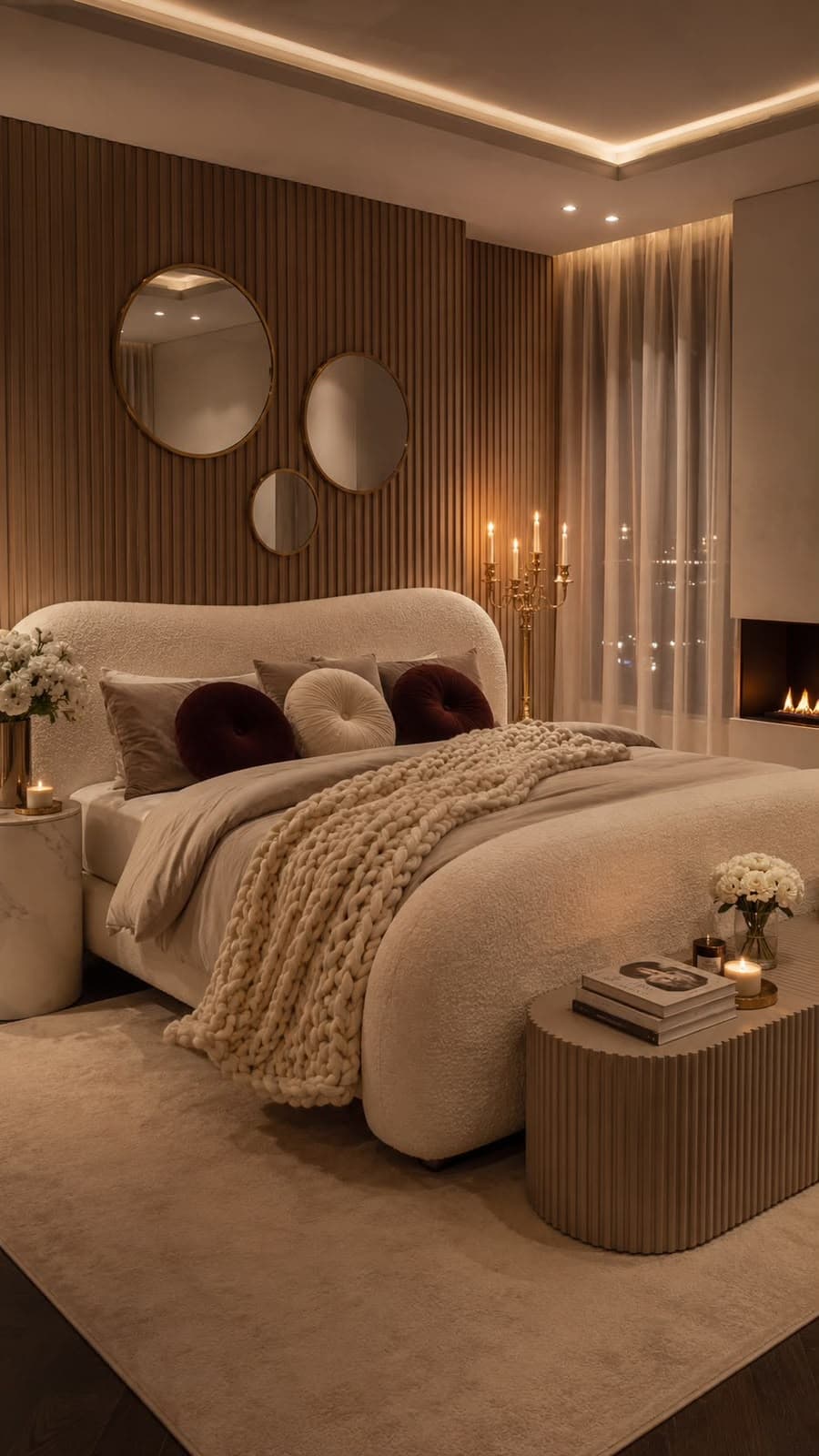 An upholstered platform bed featuring a soft, organic design with a gently curved headboard and footboard, all covered in a textured, light beige fabric. The low-profile frame creates a modern and inviting aesthetic, complemented by neutral-toned bedding and decorative pillows. — 3D model