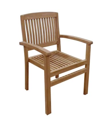 A sturdy wooden armchair constructed from teak wood, featuring a slatted backrest and seat. It includes integrated armrests and stands on four straight legs, designed for outdoor or patio use. — 3D model