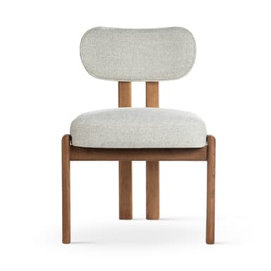 An armless contemporary dining chair featuring a solid dark wood frame and light grey fabric upholstery. The seat is a rectangular cushion, and the backrest is a rounded, padded panel. The chair stands on four straight, square-profile wooden legs, with visible joinery connecting them to the seat frame. — 3D model