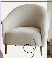 A modern armchair with a rounded, enveloping silhouette. The chair features a fully upholstered seat, back, and arms, with a textured fabric. It is supported by four tapered wooden legs that angle outwards. — 3D model
