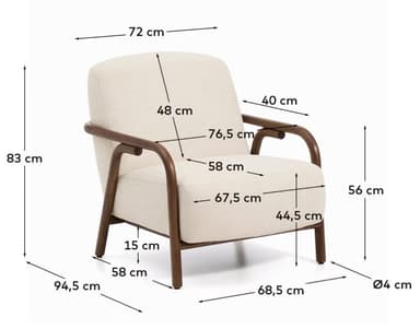 A modern armchair with a upholstered seat, back, and arms, supported by a wooden frame. The frame features curved wooden arms that extend to form the armrests, and dark wooden legs. — 3D model