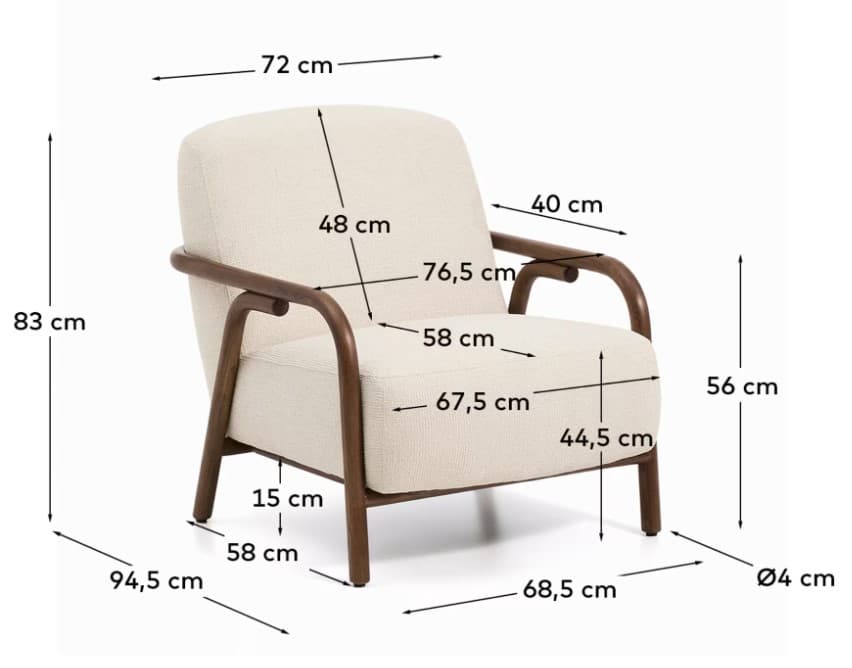 A modern armchair with a upholstered seat, back, and arms, supported by a wooden frame. The frame features curved wooden arms that extend to form the armrests, and dark wooden legs. — 3D model
