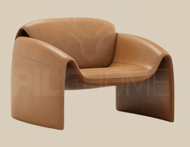 A contemporary lounge chair featuring a distinctive, continuous form upholstered entirely in tan leather. The design integrates the seat, backrest, and armrests into a single, flowing structure that descends to the floor, forming the base without discrete legs. The surfaces are smooth and rounded, providing a comfortable, enveloping silhouette. The color is a warm, light brown, suggesting high-quality leather. — 3D model