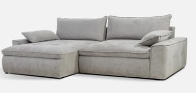 A sectional sofa featuring a chaise lounge. The sofa has a low profile with deep seating. It includes multiple throw pillows and is upholstered in a textured gray fabric. The construction appears modern and modular. — 3D model