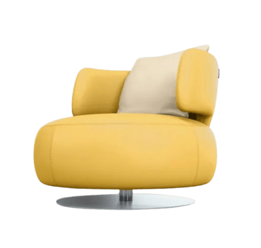 A modern armchair with a rounded, low-profile design. It features a swivel base and is upholstered in a bright yellow material. A single light-colored throw pillow is placed on the seat. — 3D model