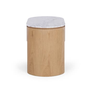 A modern and minimalist nightstand featuring a light-toned oak wood construction with a waterfall-edge design and an oval white marble top. It includes a single integrated drawer with a discreet, handleless design. The piece stands on two curved, solid wood legs that form the body of the nightstand. — 3D model