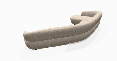 A large, contemporary curved modular sectional sofa featuring light beige textured fabric upholstery and an integrated left-hand chaise lounge. The sofa exhibits a low-profile silhouette with rounded edges and minimal visible legs. — 3D model