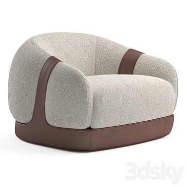A modern armchair with a rounded, enveloping form. The upholstery is a textured, boucle-like fabric in a light neutral tone, contrasting with dark brown leather accents. The leather forms a base structure and wraps around the sides and back, providing both structural support and aesthetic detail. The design emphasizes comfort and contemporary elegance. — 3D model
