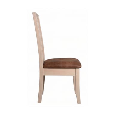 A light-toned wooden dining chair featuring a slatted backrest and a padded, brown upholstered seat. — 3D model
