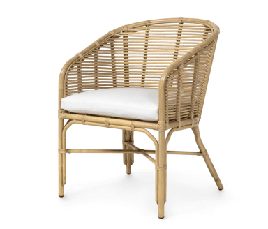 A natural rattan armchair with a rounded back and integrated arms, featuring a tightly woven seat and backrest, supported by a sturdy rattan frame. — 3D model