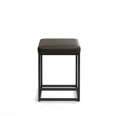 A modern, backless stool with a square, upholstered seat and a minimalist metal frame. The frame forms a geometric base with intersecting horizontal bars for support. The stool is designed for counter or bar height seating. — 3D model