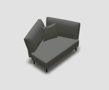 A contemporary modular sofa with a ribbed texture fabric in a charcoal grey color. The sofa features a low profile, straight seat, and a backrest that extends to one side. It is supported by thin, black cylindrical legs. A single square throw pillow in a matching fabric is placed on the seat. — 3D model