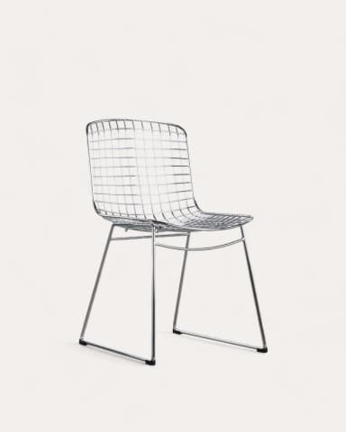 A modern armless chair featuring a chrome-plated steel wire grid for the seat and backrest, supported by a minimalist sled-style metal frame. — 3D model