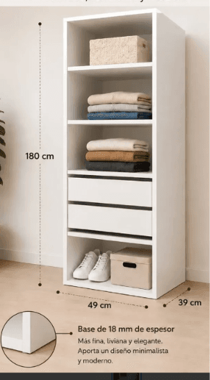 A tall, narrow white storage unit featuring multiple open shelves for display and organization, complemented by two central handle-less drawers for concealed storage. — 3D model