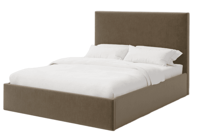 A modern platform bed featuring a clean, minimalist design. The entire frame, including the integrated headboard and side rails, is upholstered in a textured fabric. The bed is presented with white bedding, suggesting a contemporary and comfortable aesthetic. — 3D model