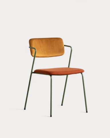 A contemporary armchair with a slender green tubular metal frame, featuring a gold velvet upholstered backrest and a rust-orange woven fabric upholstered seat. The frame extends to form integrated armrests. — 3D model