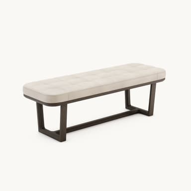 A contemporary upholstered bench with a tufted seat and a dark wood frame. The seat has a quilted pattern, and the frame has a minimalist, open design with slightly curved legs that connect to form the base and support structure. The upholstery appears to be a neutral-toned fabric or leather. — 3D model