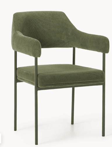 A modern armchair with a gently curved backrest and armrests. The upholstery features a corduroy texture. The frame consists of slender, dark green metal legs. — 3D model