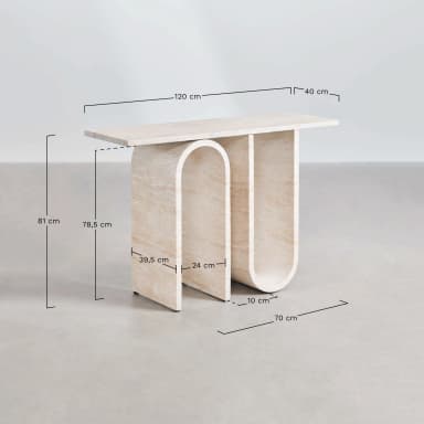 A console table with a rectangular top supported by two arched legs and one straight leg. The design features curved elements and a minimalist aesthetic. — 3D model