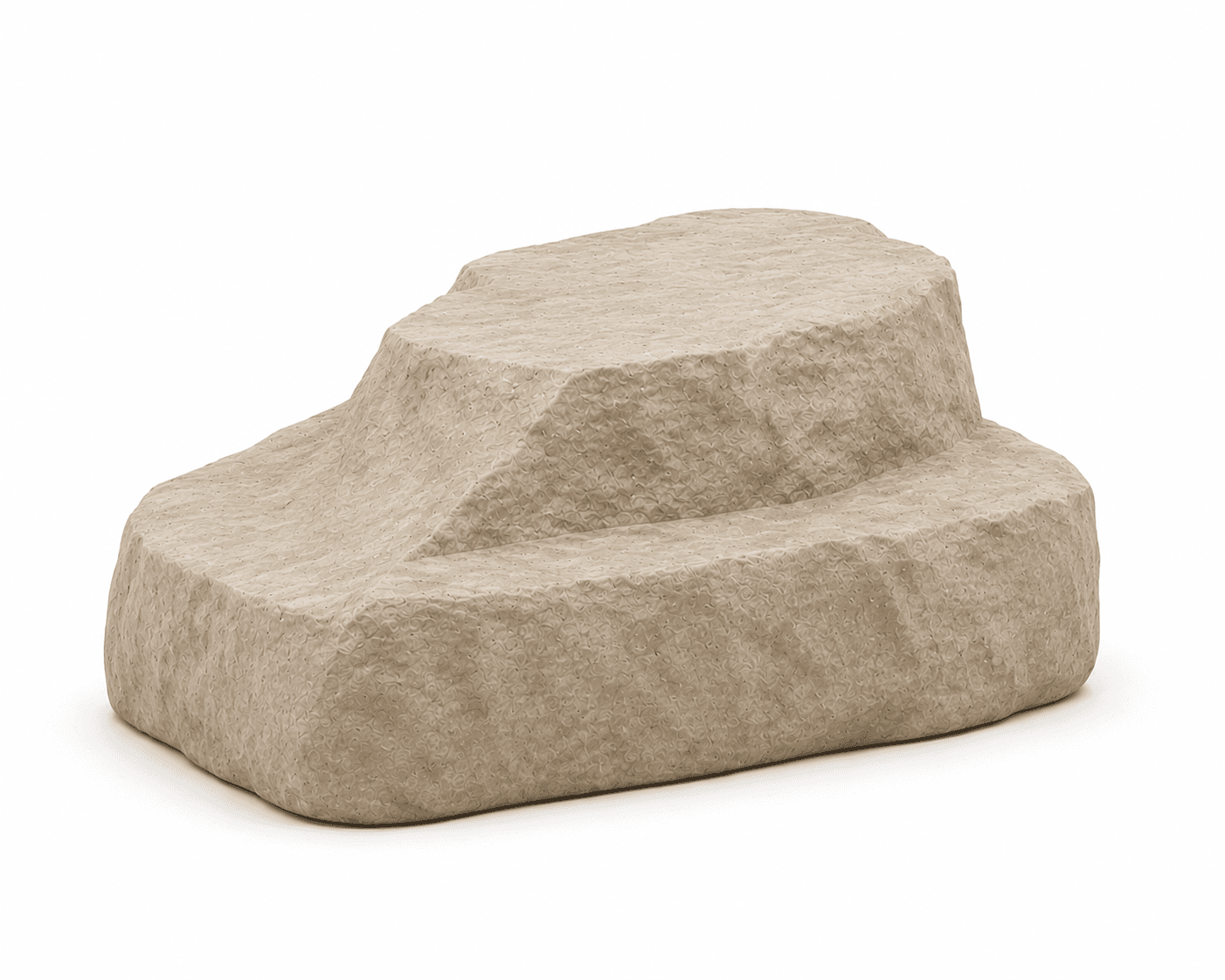 A low-profile, organically shaped upholstered object with a multi-tiered, rock-like form, covered in a textured beige fabric. — 3D model