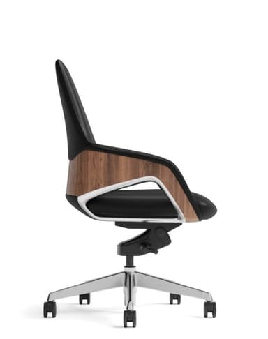 A modern office chair featuring a contoured black upholstered seat and back, encased in a curved wooden veneer shell with a white trim. It sits on a polished five-star metal base with casters for mobility and has height adjustment and swivel functionality. — 3D model