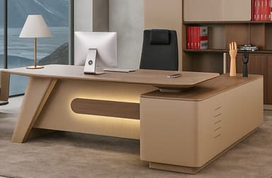 A modern executive desk featuring a spacious rectangular desktop finished in a light wood veneer, supported by an asymmetrical base that includes an integrated linear LED light strip. One side of the desk is connected to a low, rectangular storage cabinet with a matte, neutral finish and subtle vertical detailing on its face. The overall design emphasizes clean lines, rounded edges, and a minimalist aesthetic suitable for a professional environment. — 3D model