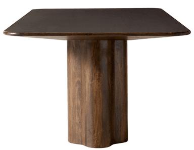 A dark, rectangular dining table with rounded corners and two thick, fluted pedestal legs. The table surface appears smooth and solid, while the legs have a pronounced wood grain texture and a unique, sculptural form. — 3D model