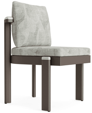 A modern lounge chair featuring a dark brown powder-coated aluminum frame with clean lines, complemented by thick seat and back cushions upholstered in a light green/grey patterned fabric. It has an integrated armrest on one side. — 3D model