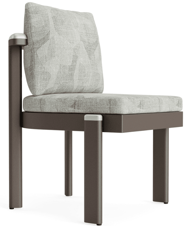 A modern lounge chair featuring a dark brown powder-coated aluminum frame with clean lines, complemented by thick seat and back cushions upholstered in a light green/grey patterned fabric. It has an integrated armrest on one side. — 3D model