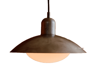 A close-up view of a single pendant light featuring a distressed or aged brass finish. The light has a dome-shaped metal shade, which is wider at the bottom, and a spherical opal glass diffuser protruding from its base. It is suspended by a simple black electrical cord attached to a cylindrical brass cap at the top of the shade. The overall design suggests a blend of industrial and contemporary aesthetics, emphasizing simplicity and material texture. — 3D model