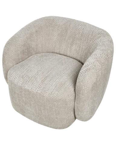 A contemporary armchair with a curved, rounded silhouette. It features a fully upholstered design with a textured, boucle-like fabric. The chair has a low profile with a substantial base and integrated armrests that curve into the backrest, creating a cohesive, enveloping form. The seat is generously padded, and the overall design suggests comfort and modern aesthetics. — 3D model