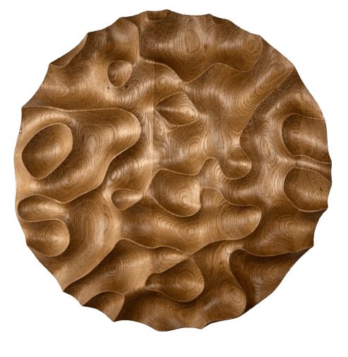 A circular, thick wooden tabletop featuring an intricately carved, undulating, and organic topographic pattern across its entire top surface. The deep carvings create a three-dimensional landscape effect, highlighting the natural grain of the light brown wood. The sides of the tabletop are smooth, displaying the rich texture and color variations of the wood, and the overall form suggests a robust, artisanal piece designed to be the focal point of a small table. — 3D model