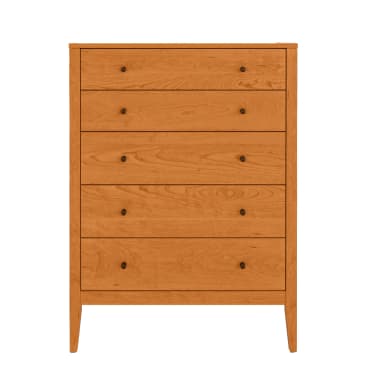 A tall, five-drawer chest crafted from solid cherry wood, featuring a warm, reddish-brown finish and subtle wood grain. Each drawer has two dark, circular pull knobs, and the overall design is clean and minimalist with slightly tapered legs. — 3D model